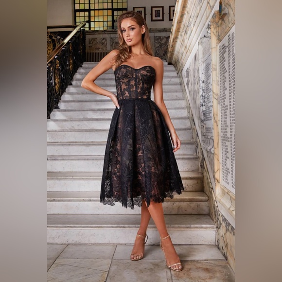 NWOT Nadine Merabi black/nude Olivia dress corseted embroidered lace - Picture 2 of 13